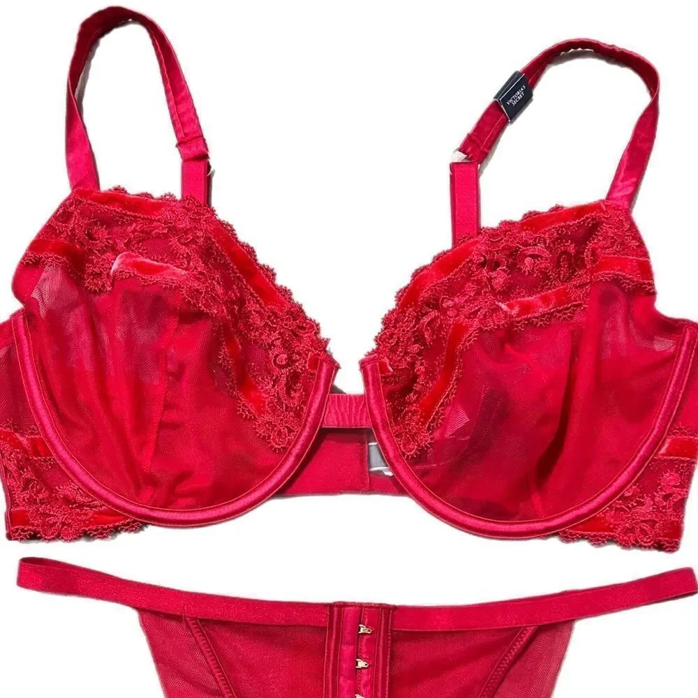Victoria’s Secret LUXE Sexy Mesh Lace Velvet Unlined Demi bra & Brazilian Panty